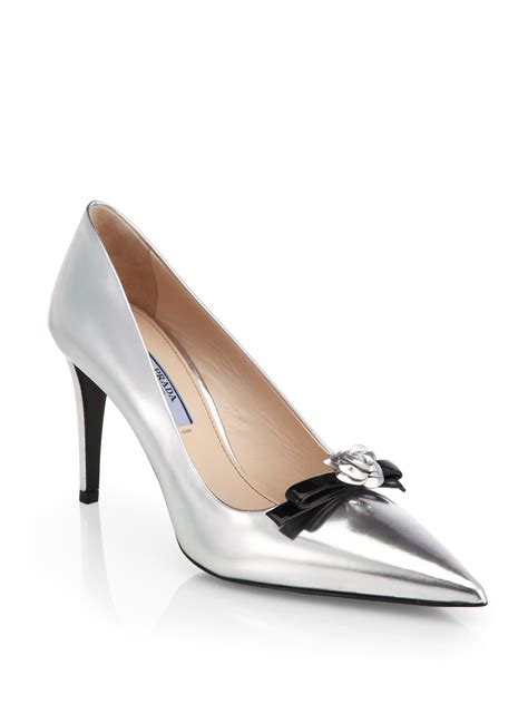 prada silver patent leather point toe pumps|prada leather pumps.